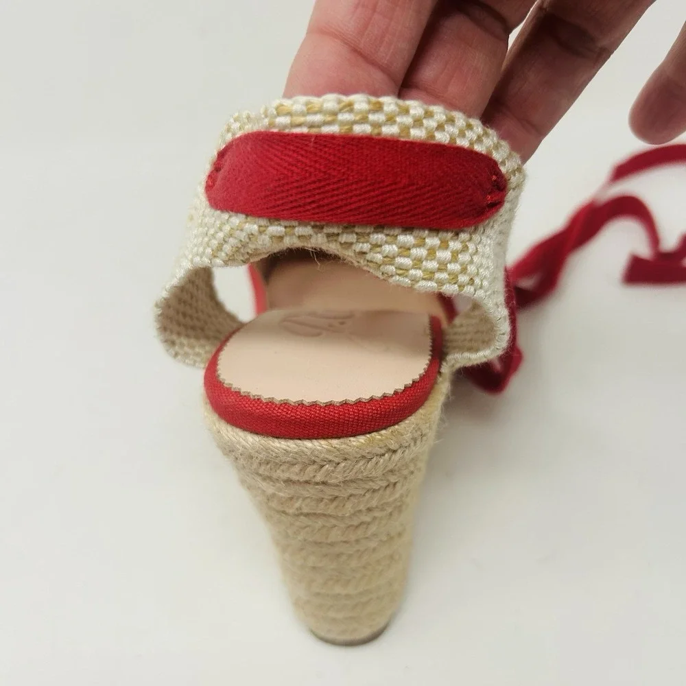 J Crew Espadrille Wedge Heels Size 10 Red Ankle Bow Ties AY315 Canvas Closed Toe